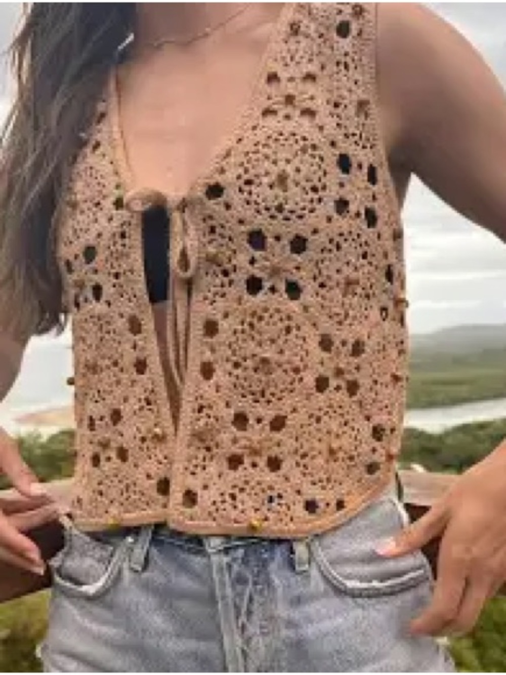 Zara Crochet Tie-Front Vest in Terracotta
